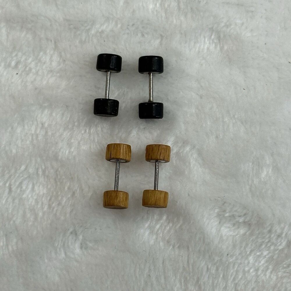 Barbell Stud Earrings Lot Wood & Black Dumbbell Style Unisex Minimalist Gauges